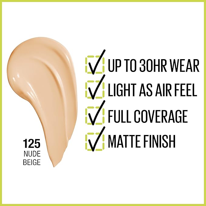 Maybelline Super Stay Full Coverage Liquid Foundation Active Wear Makeup, Up to 30Hr Wear, Transfer, Sweat & Water Resistant, Matte Finish, Nude Beige, 1 Count