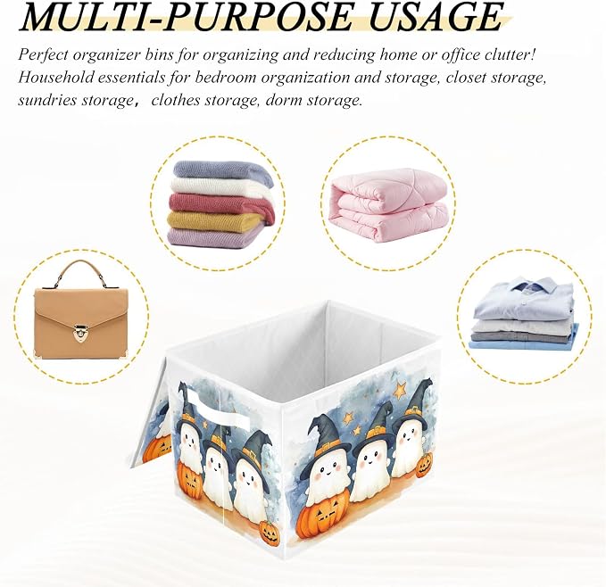 Cute Cartoon Ghosts Storage Bins with Lids and Carrying Handle,Foldable Storage Boxes Organizer Containers Baskets Cube with Cover for Home Bedroom Closet Office