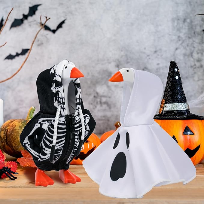2 Pcs Halloween Desk Goose Outfits 7 Inches, Mini Desk Goose Clothes Skull Hoodie Ghost Hoodie 7 Inch Porch Goose Costume Desktop Goose Accessories for Magnetic Goose Statue Table Decor