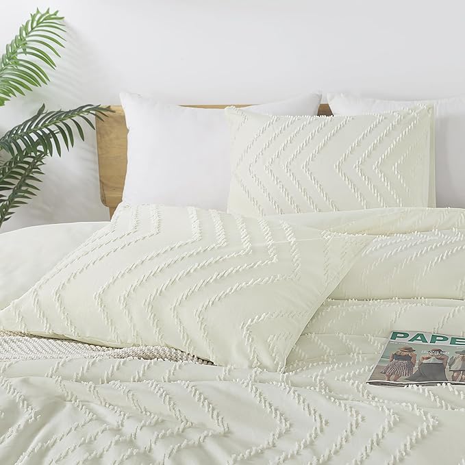 Andency Ivory Oversized Super King Comforter Set, Boho Soft Warm Tufted Neutral Bedding Comforter Sets, 3 Pieces Aesthetic Chevron Farmhouse Cute Bohemian Textured Bedding Set