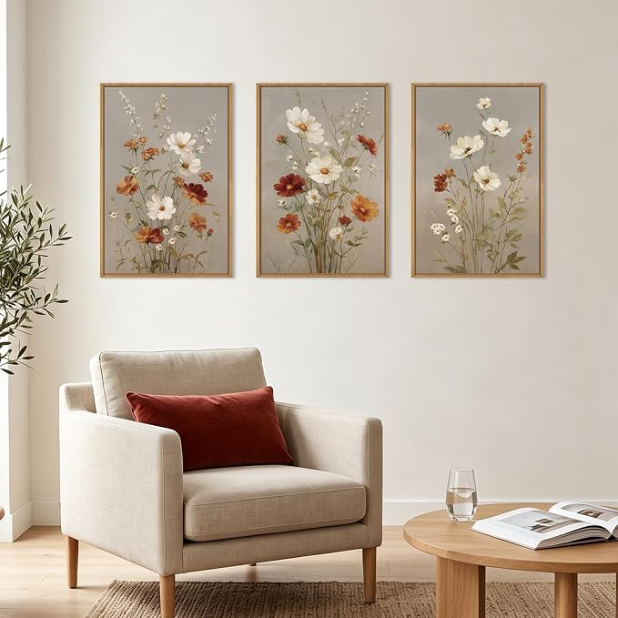 BINCUE Vintage Flower Wall Art Set of 3 Framed Floral Wall Paintings 16x24 | Rustic Wildflower Artwork,Neutral Botanical Wall Decor,Farmhouse Daisy Prints for Living Room Bedroom Office