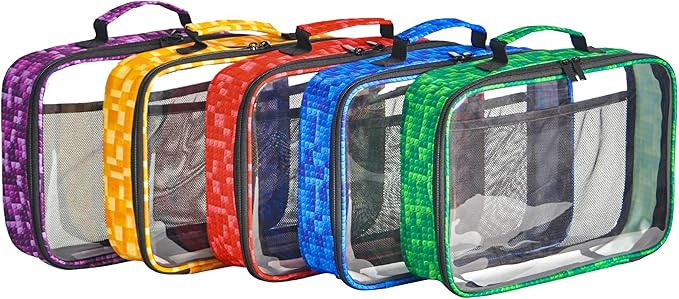 5 PCS Toys Storage Bags for kids,Travel Organizer Pouch Case for Lego Bricks, Puzzles, Building Blocks,Waterproof Colorful Print Design with Handle (Transparent)