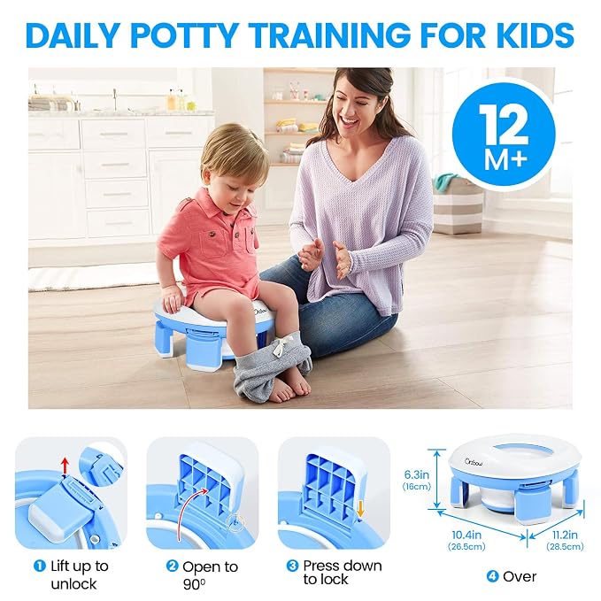 Orzbow Portable Potty Training Toilet, Travel Potty Seat for Toddler Boys Girls with Splash Guard, Potty Training Essentials, Foldable, Includes Free Travel Bag and 40 Liners, Indoor/Outdoor Use, Blue