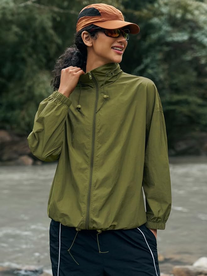Yousify Womens Waterproof Rain Jackets Lightweight Zip Up Raincoat Outdoor Hiking Hooded Windbreaker with Pocket
