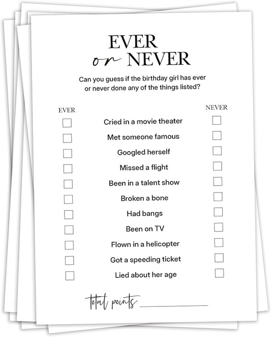 Birthday Party Games, Ever or Never, 25 Pcs Card Set for Guests, Fun Birthday Game for Teen Adults – A03