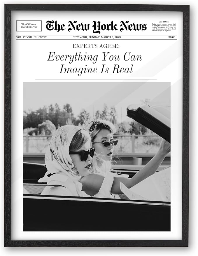 iHery 12x16in Everything You Can Imagine Is Real Framed Newspaper Art | Premium Black Natural OAK Wood Frame with Canvas Print, Vintage Girls Decor for Bedroom, Living Room, Dorm 1Pack