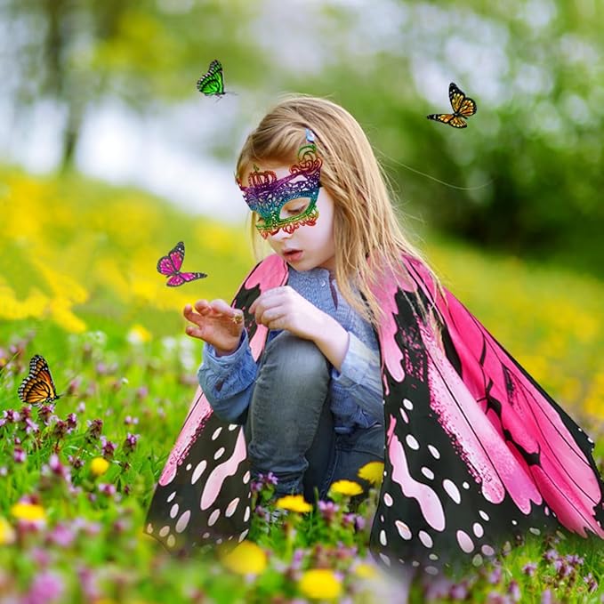 Kids Butterfly Wings Costume for Girls Fairy-Wings Mask Party Favors Gifts (Pink+skirt sets)