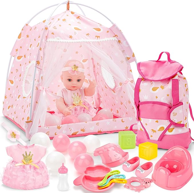 deAO Baby Doll Playset 12 Inch Baby Doll wirh Clothe and Accessories Baby Doll Carrier Storage Bag Balls Tent Toys, Pretend Play Birthday Gift for Kids Girls Boys, Collection