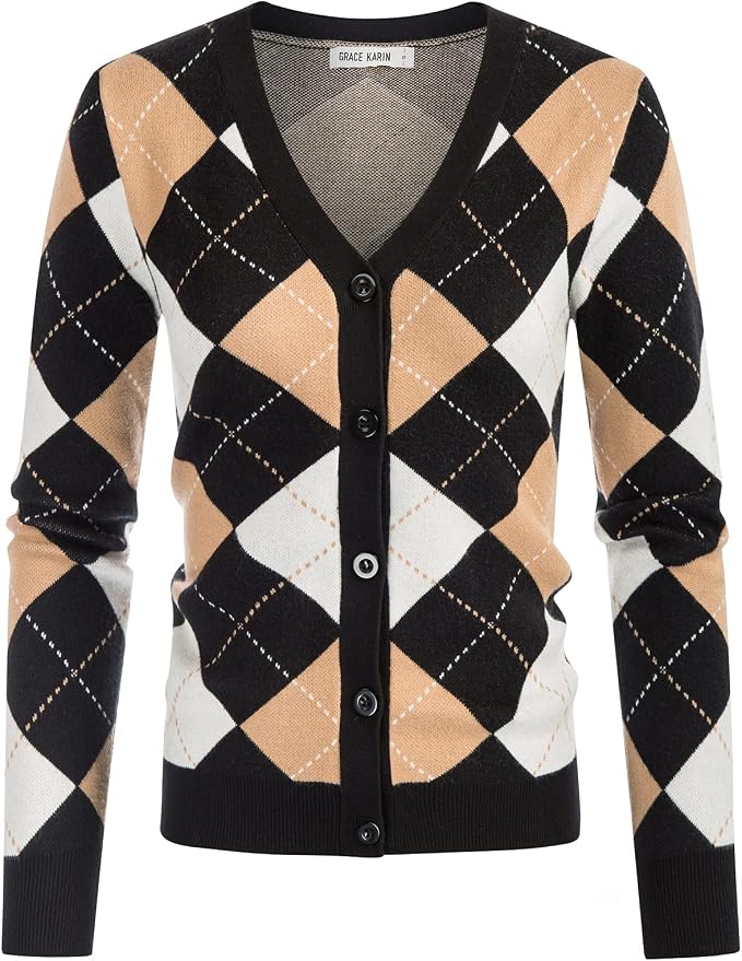 GRACE KARIN Womens Cardigan Sweater Fall Fashion Argyle Sweater Button Up Cardigan Teacher Outfits Preppy Clothes