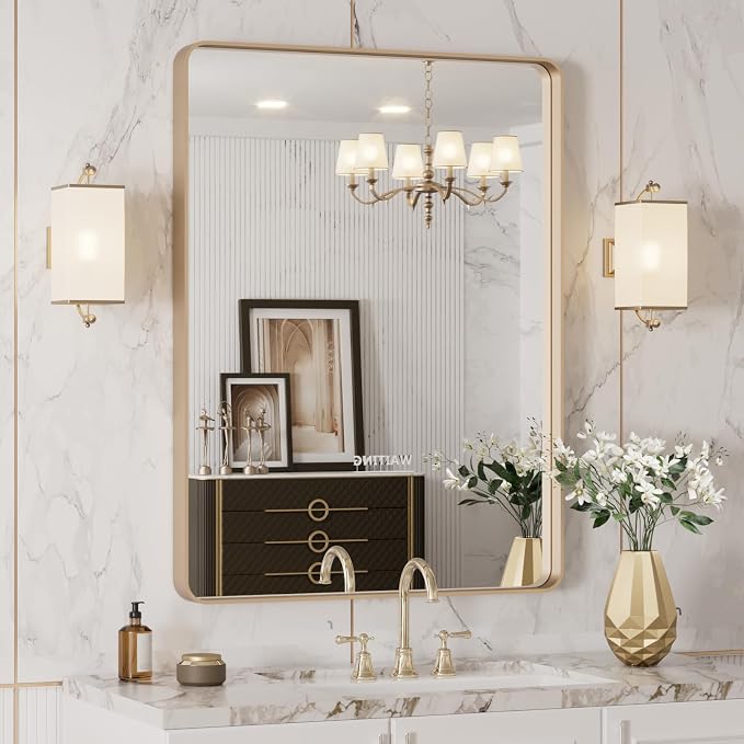LOAAO 24"X32" Gold Bathroom Mirror | Rounded Rectangle, Brushed Gold Frame, Wall-Mounted, Anti-Rust, Hangs Horizontally or Vertically