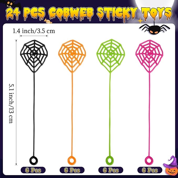 24 PCS Sticky Spider Web for Kids, 5.1 Inches Cobweb Sticky Hand Toys, Halloween Spider Party Favors for Goodie Bag Stuffers, Birthday, Classroom Prizes Supplies (4 Colors)