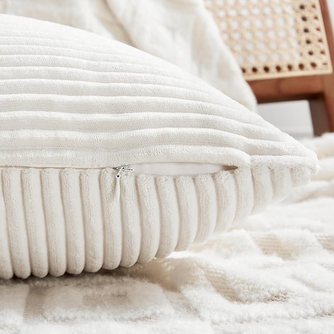 Fancy Homi 2 Packs Cream White Euro Decorative Throw Pillow Covers 26x26 Inch for Couch Bed Sofa, Farmhouse Boho Home Decor, Soft Corss Corduroy Patchwork Textured Square Cushion Case 66x66 cm