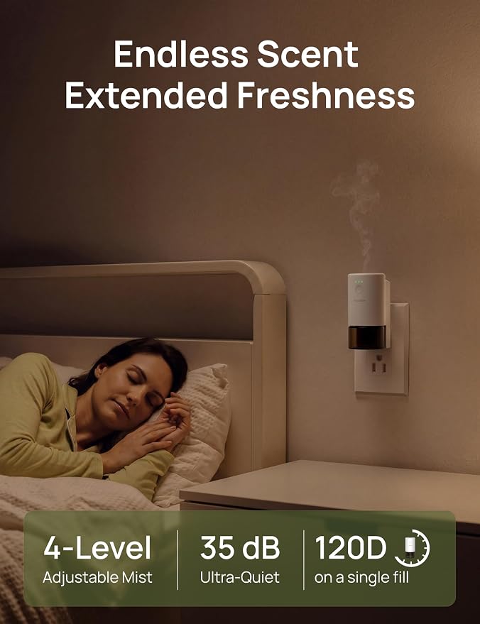 Plug-in Air Freshener for Home, Waterless Essential Oil Diffuser for Bedroom and Bathroom, Non-Toxic Formula for Pets and Nursery, 120 Days Runtime, Refillable Calm Serenity(Dark Brown)