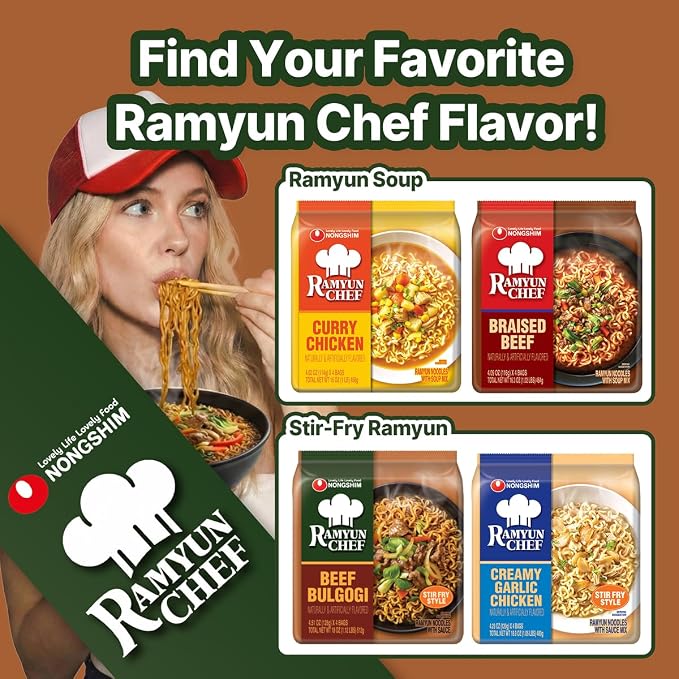Nongshim Ramyun Chef, Stir Fry Style Instant Ramyun Noodles with Sauce Mix, Beef Bulgogi, 4.51 Oz (Pack of 4)