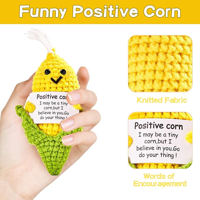 Hoedia Handmade Emotional Pickle Gift, Emotional Cucumber Crochet Doll Inspirational Gifts with Cards, Cute Knitted Funny Support Pickle Potato Friend Birthday (Positive Corn)