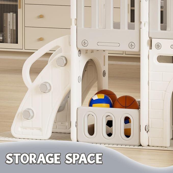 YUFU 9 in 1 Toddler Slide, Kids Slide for Toddlers Age 1-3, Toddler Climber Slide with Ring Toss, Tunnel, Corridor and Basketball Hoop, Toddlers Indoor Outdoor Playset (Beige+Gray)