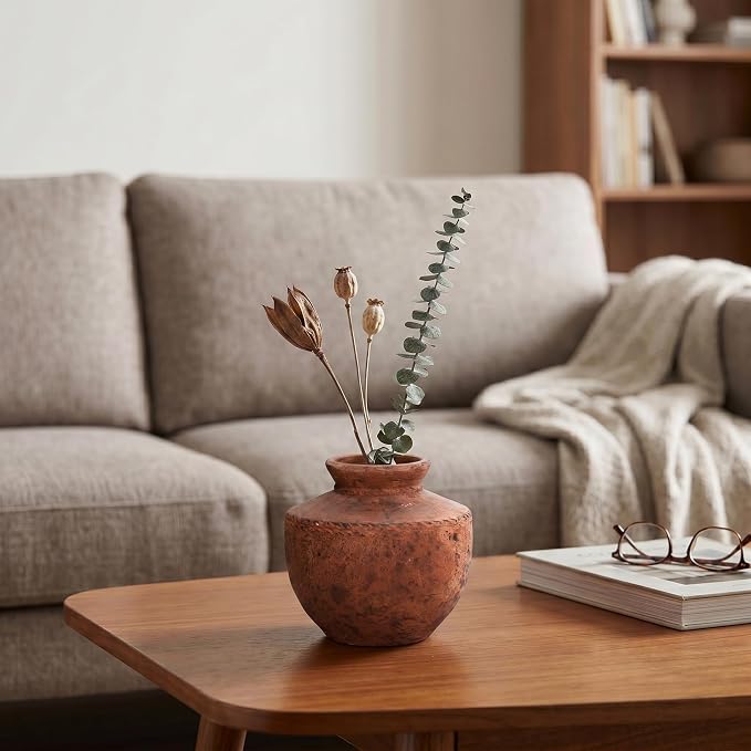 Terracotta Vase, 6 Inch Brown Ceramic Flower Vase for Home Decor Rustic Pottery Vase for Living Room Farmhouse Decor Entryway Fireplace Kitchen Dining Table Centerpiece