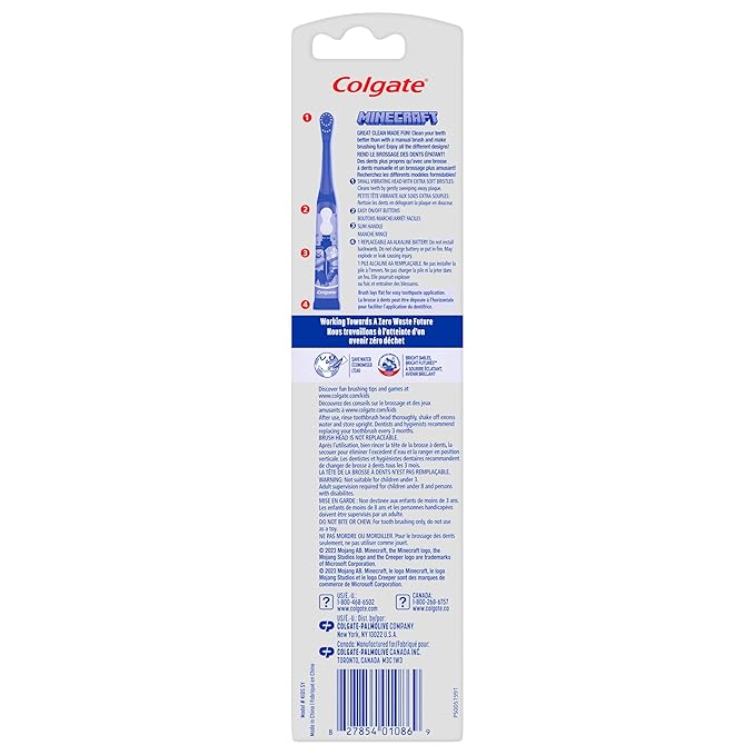 Colgate Kids Battery Powered Minecraft Toothbrush, Extra Soft Kids Battery Toothbrush with 1 AA Battery Included, Made for Ages 3 and Up, Features Easy On and Off Switch, Flat Lay Handle, 1 Count