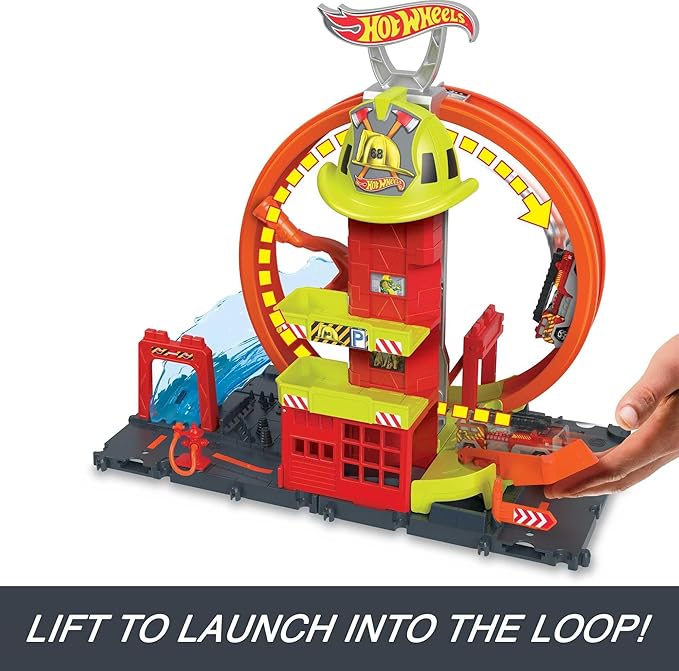 Hot Wheels City with 1 Toy Car, Kid-Powered Elevator, Water-Like Ramp, Track-Play Features, Connects to Other Sets, Fire Station with Super Loop (Amazon Exclusive)