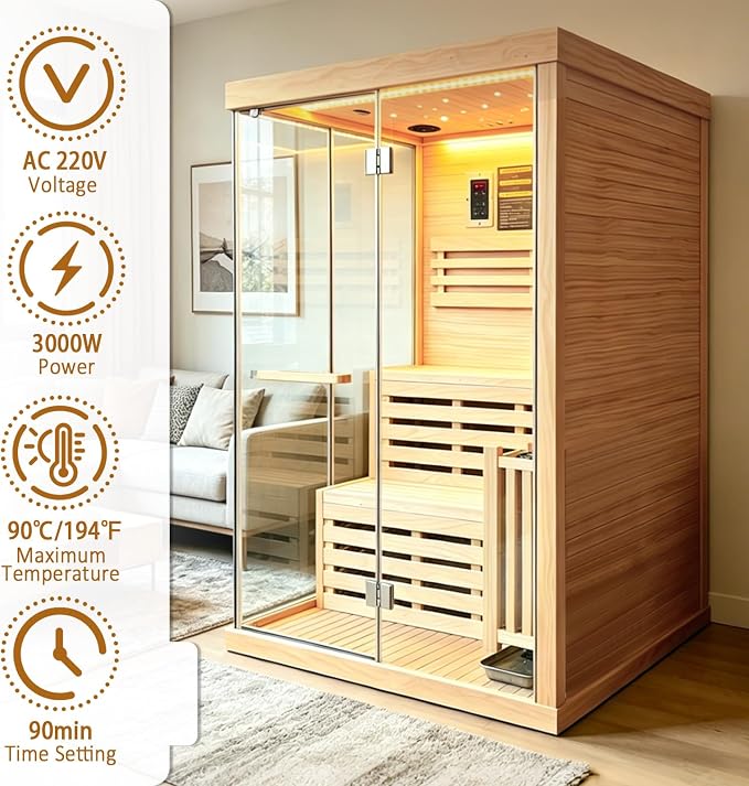 Steam Sauna, Traditional 2-4 Person Indoor Sauna with 3000W Stove Heater | Chilean Pine Wood Sauna Room with Wooden Barrel and Spoon, Sauna Stone, Hygrometer, Cup Holder, LED Lighting, Speaker