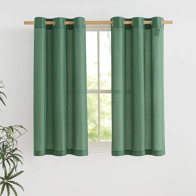 NICETOWN Olive Green Short Linen Curtains for Kitchen, Thick Flax Small Window Treatments Semi Sheer Privacy Assured with Light Through for Cafe/Bathroom, W42 x L48, 2 Panels