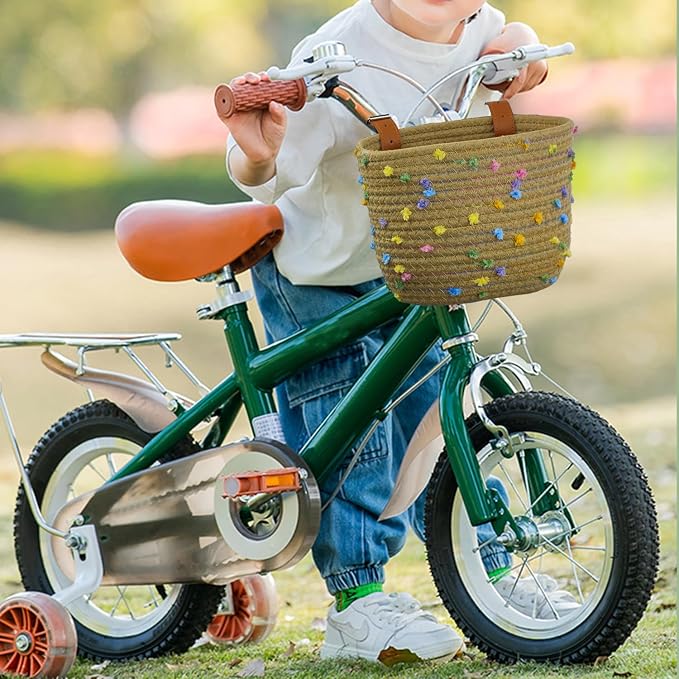 Kids Bike Basket for Boys and Girls, Children's Bicycle Basket Woven With Sisal Rope, Cute Decorative Accessories for Balance Bikes and Scooters