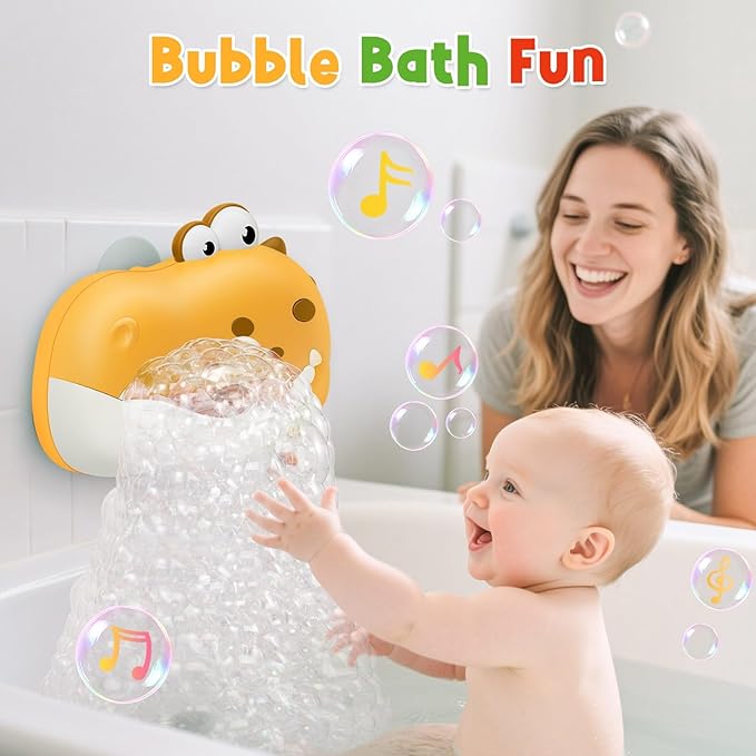 Baby Bath Toys, Rechargeable Dinosaur Bath Bubble Machine with Music, Bathtime Bathtub Toys for Toddlers Birthday Valentines Gifts, Bubble Maker Toys for Kids Ages 1-3 4-8 Baby Gifts (Yellow)