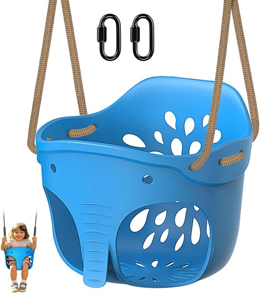 SELEWARE High Back Full Bucket Toddler Swing Seat, Heavy Duty Toddler Swing Set Accessories, Soft Plastic Elephant Baby Swing with Adjustable Rope & Locking Carabiners for Outdoor Playground, Blue