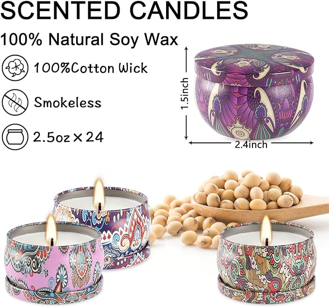 WPONSZU Scented Candles Gifts Set 24 Pack Soy Wax Travel Tin Jar Candles for Home 2.5 OZ jar Candles for Mom for Christmas, Birthday, Thanksgiving, Mother's Day
