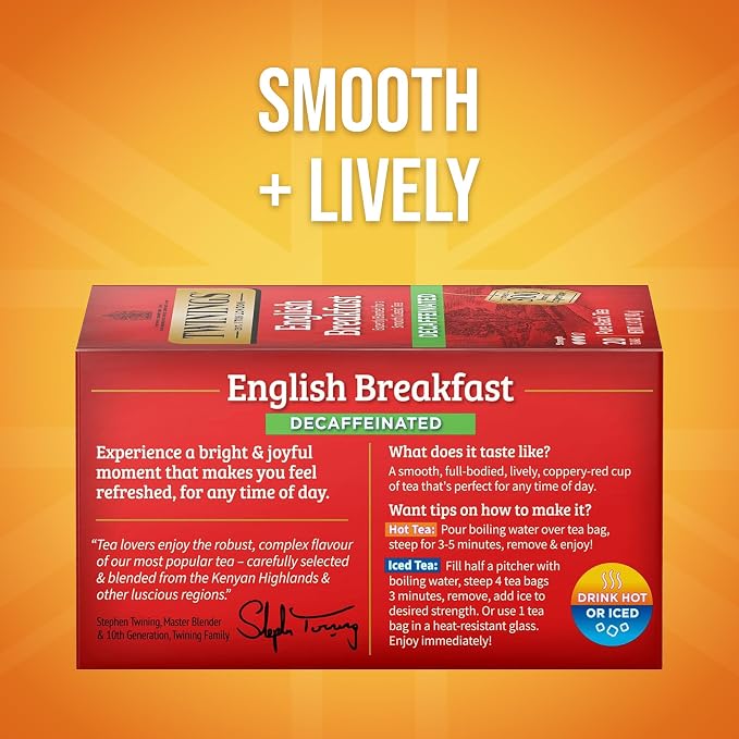 Twinings Decaffeinated English Breakfast Individually Wrapped Bags, 20 Count (Pack of 1), Flavourful & Robust, Enjoy Hot or Iced, 20 Teabags