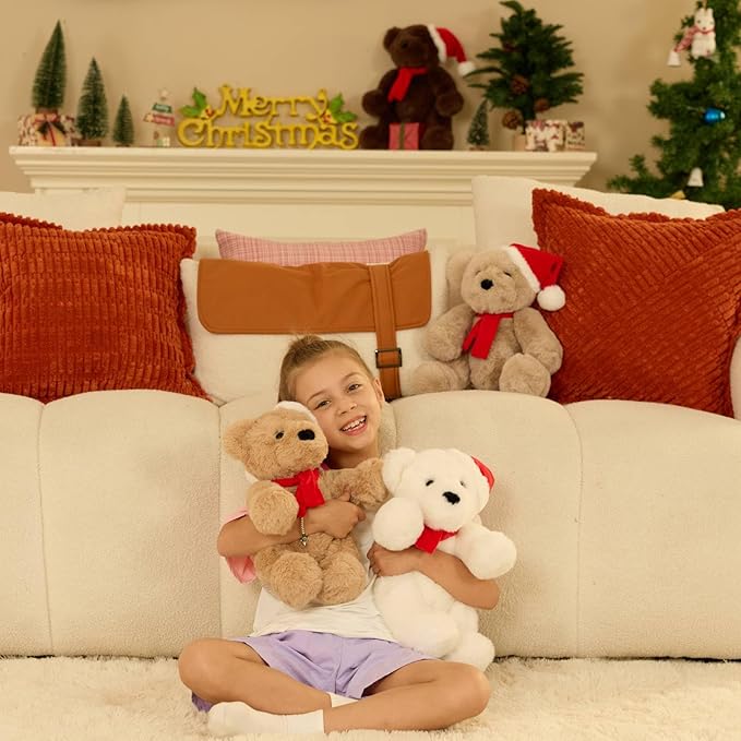 MorisMos Teddy Bear Stuffed Animal, 14'' Christmas Teddy Bear 2025 with Santa Hat & Scarf,180° Joints Posed Plush Toy, oft Stuffed Christmas Toy for Kid Girl Boy Max Decoration Birthday Gift,White