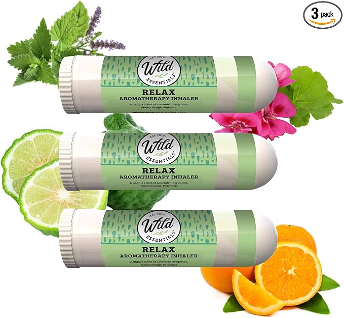 Wild Essentials 3 Pack of Relax Aromatherapy Nasal Inhalers Made with 100% Natural, Premium Grade Essential Oils, Calming, Stress, Unwind