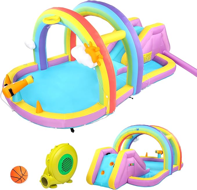 JOYMOR Inflatable Water Slide w/Climbing Wall, Water Cannon, Basketball Hoop, Kids Water Slide Bounce House w/Arch Sprinklers, 30s Blow Up Water Slide for Kids Backyard Party (Air Blower Included)