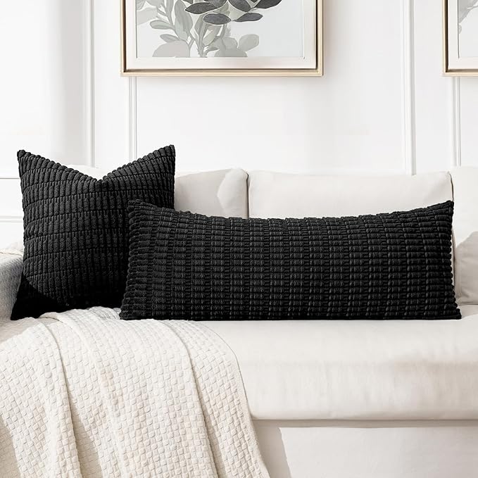 MIULEE Lumbar Corduroy Throw Pillow Cover for Bed 14x36 Black Pack of 1 | Soft Long Decorative Cushion Cover Boho Farmhouse Accent Pillowcase Sofa Couch Livingroom Home Decor