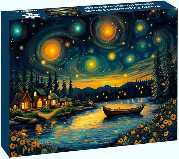 Puzzles for Adults 500 Pieces, Starry Night Jigsaw Puzzles - Starry Enchanted Forest, Impossible Landscape Puzzle for Seniors Families,20.47x14.96 inches, 1:1 Poster, Letter on The Back