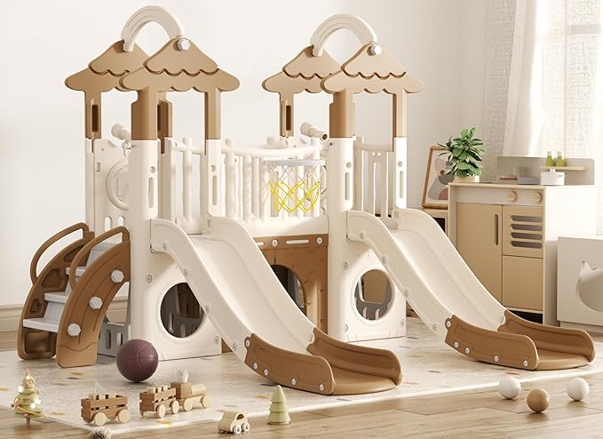 XJD 9 in 1 Toddler Slide, Jungle Double Slide Playset with Basketball Hoop, Tunnel and Storage Space, Outdoor Indoor Slide for Toddlers Age 1+,Tree House Design Toddlers Playground (Brown)