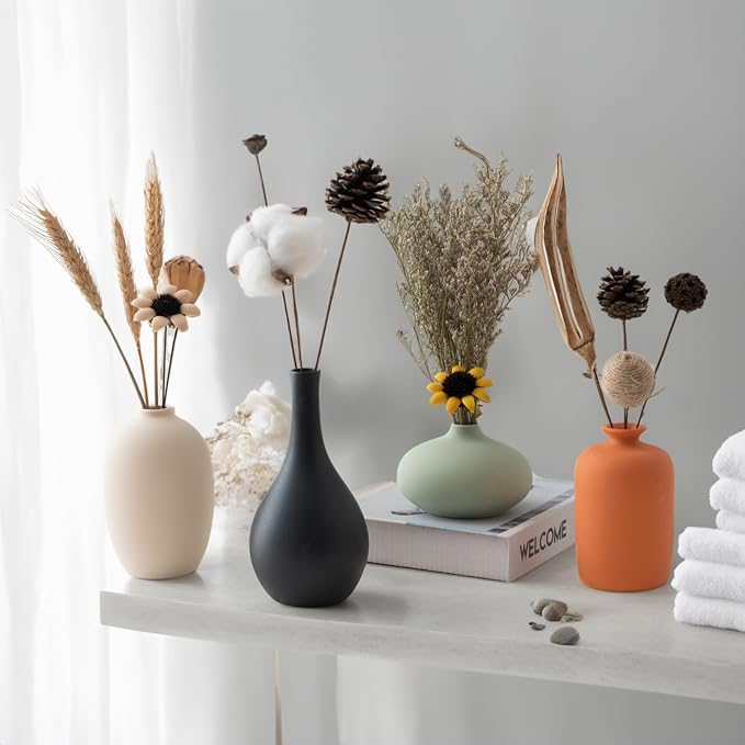 Vase Set of 4 with Dried Flower for Shelf Home Decor Matte Ceramic | For Modern Minimalist Bohemian, Pampas Grass, Home, Office, Shelf, Living Room, Bedroom,Entryway,Farmhouse Decor