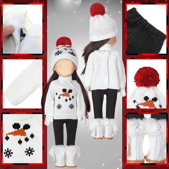 6 Pcs Christmas 18 Inch Doll Clothes and Accessories Winter Outfits Set Sweaters Trousers Hats Shoes for 18 Inch Doll Gift(White,Snowman)