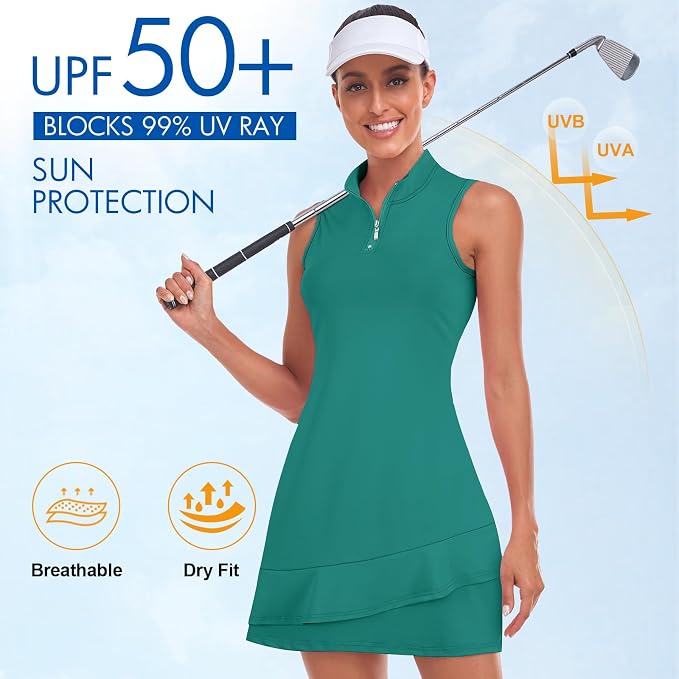 Viracy Tennis Dress for Women Sleeveless Golf Dresses with Shorts and Pockets Ruffle Zip Up Stand Collar Golf Outfits