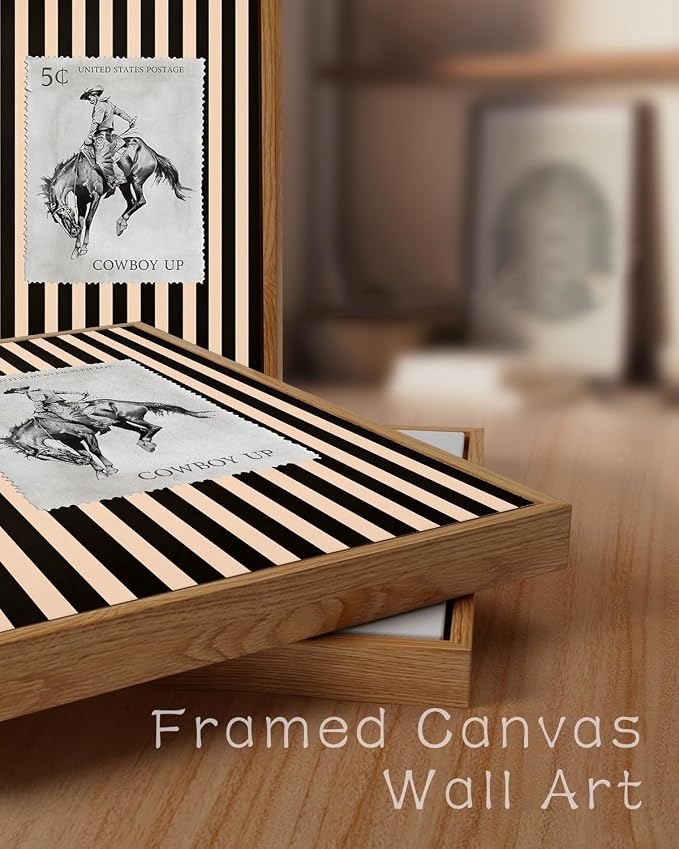 ZZLWBKGL Western Wall Decor Cowboy Canvas Art Vintage Framed Wall Art | Farmhouse Striped Artwork Retro Country West Stamp Picture Bucking Bronco Paintings for Living Room Bedroom 16x24in