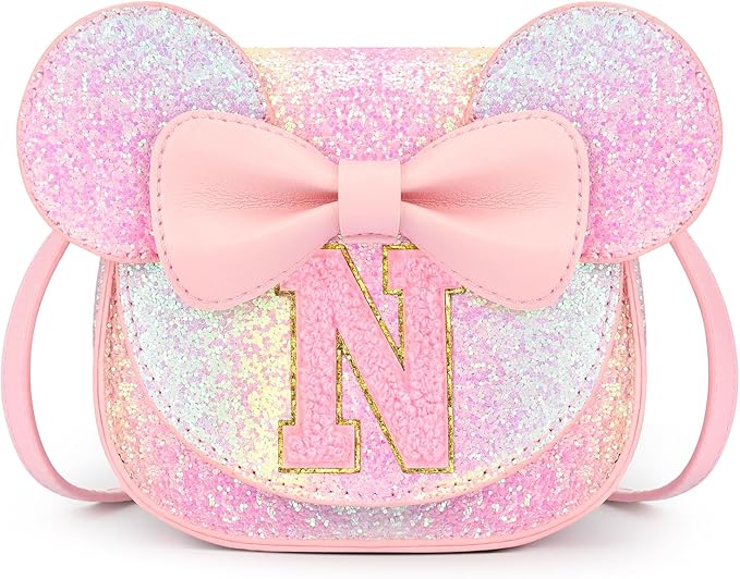 mibasies Toddler Purse Girl Gifts: Girls Birthday Gifts for 3-8 - Toys for Ages 2-4 Girls Mouse Ears Purse, Glitter Rainbow, Letter N