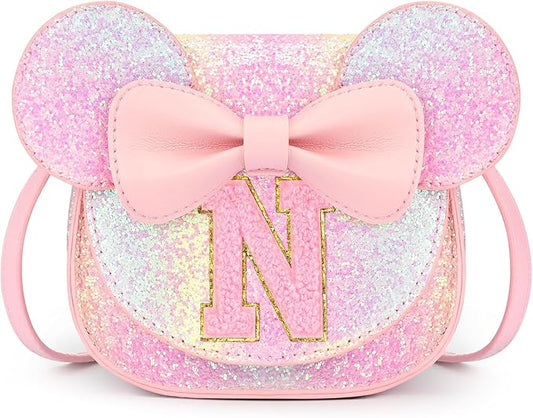 mibasies Toddler Purse Girl Gifts: Girls Birthday Gifts for 3-8 - Toys for Ages 2-4 Girls Mouse Ears Purse, Glitter Rainbow, Letter N