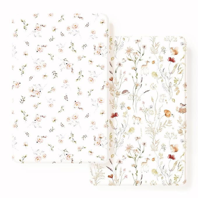 GRSSDER Stretchy Ultra Soft Jersey Knit Pack and Play Sheets 2 Pack, Portable/Mini Crib Sheets Universal Fitted for Playpen Mattress Safe and Snug, Beautiful Pink Floral and Cute Animals Print