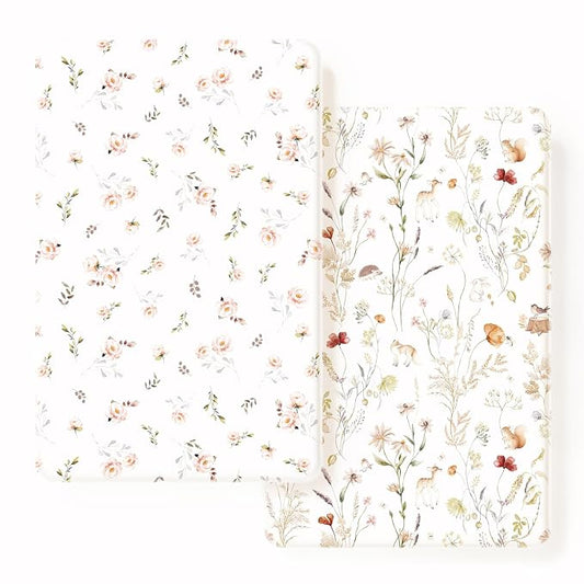 GRSSDER Stretchy Ultra Soft Jersey Knit Pack and Play Sheets 2 Pack, Portable/Mini Crib Sheets Universal Fitted for Playpen Mattress Safe and Snug, Beautiful Pink Floral and Cute Animals Print