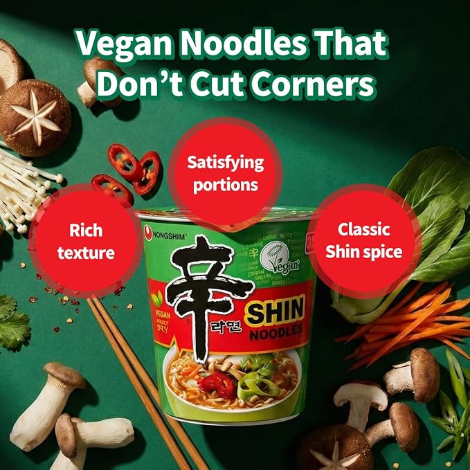 Nongshim Shin Ramyun Vegan Noodles Cup, Spicy Vegan Korean Instant Ramyun, Bold Veggie Flavored Broth, Microwaveable, Quick & Easy, Pantry Essential, 2.64 oz (Pack of 6)