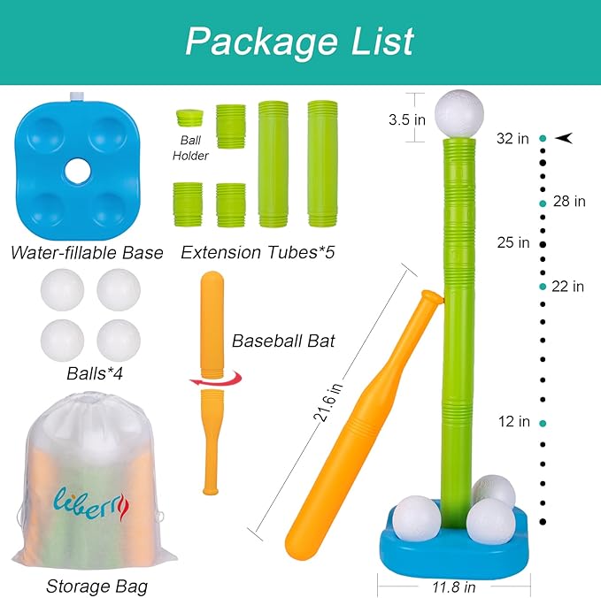 Liberry Adjustable T-Ball Set for Kids and Toddlers, Includes Kids Baseball Bat, Adjustable Height Tee Ball Stand, 4 Balls and Weighted Base, Sports Game Toy Gift for Boys Girls