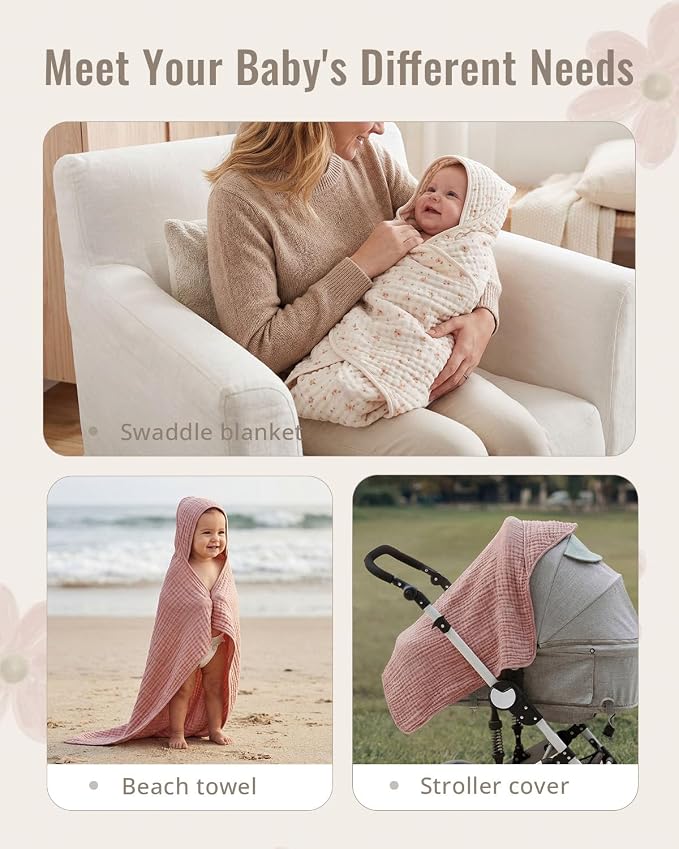 Blissful Diary Muslin Baby Hooded Towel 2 Pack, Soft & Absorbent Bath Towel for Baby Girls, Infant Gift, Newborn Essentials, Pink Floral & Light Pink