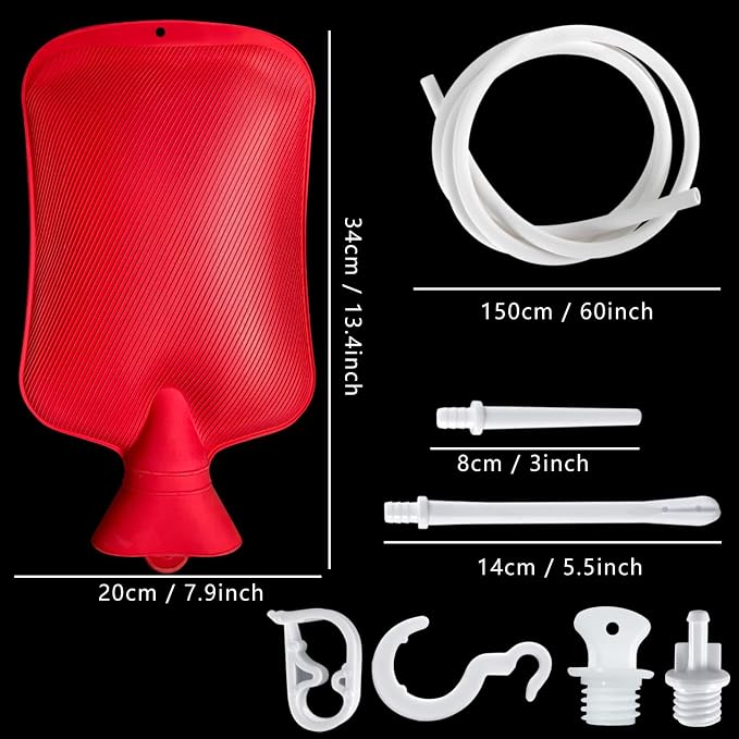 2 Quart Home Enema Bag Kit with Hose Tips and Water Flow Clamp - Colon Cleansing Enema Bag (Red)