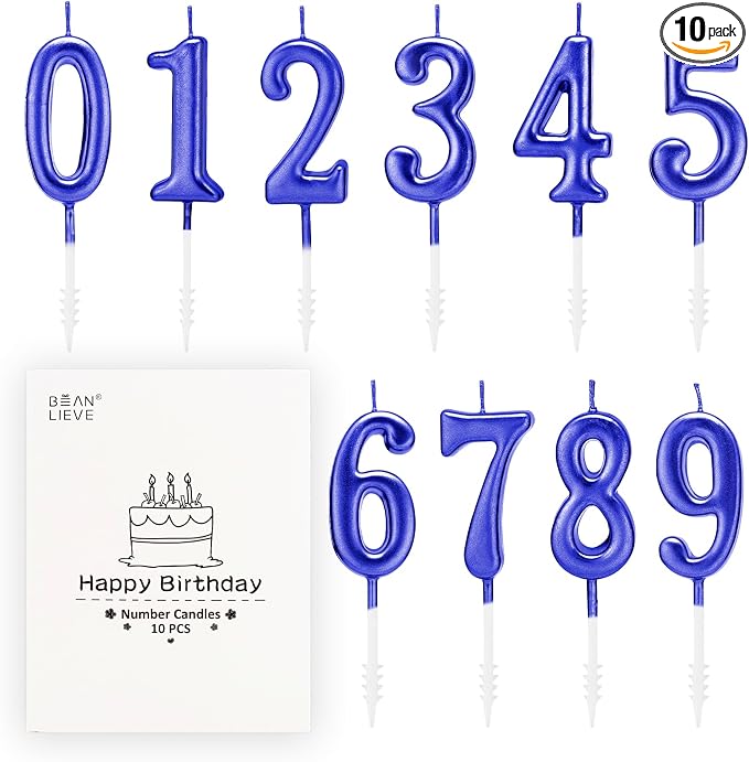 Beanlieve Blue Numeral Birthday Candles - Cake Numeric Candles Number 0 1 2 3 4 5 6 7 8 9, Used for Cake Decoration on Birthday Parties and Wedding Anniversary Celebrations(10 Pieces)