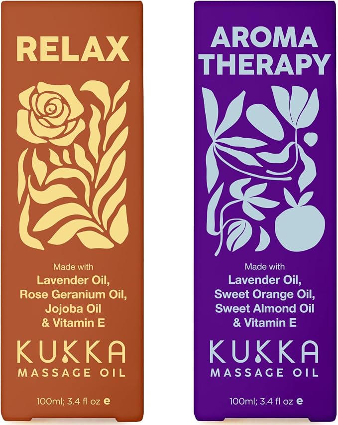 Kukka Relax Massage Oil (3.4 fl oz) & Aromatherapy Massage Oil (3.4 fl oz) Set - Body Oils for Women & Men - Spa Quality & Light Weight